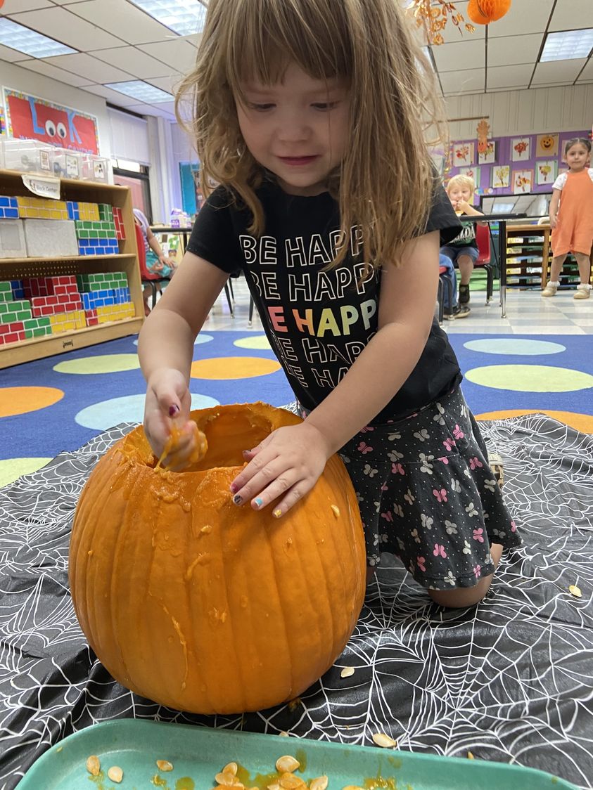 Mrs. Kessler and Mrs. Clark pre-K classes dissected pumpkins and voted for what emotion face to carve into their pumpkin…