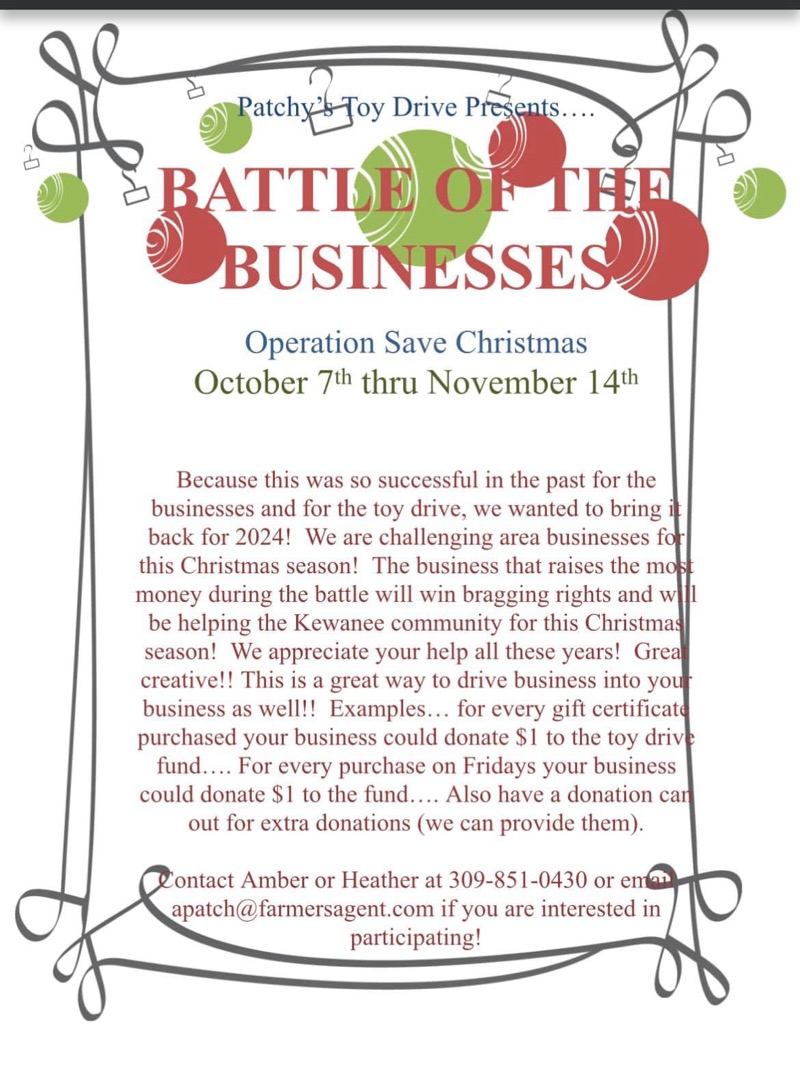 Patchy’s Toy Drive Battle of the Businesses 2024 from October 7th through November 14th