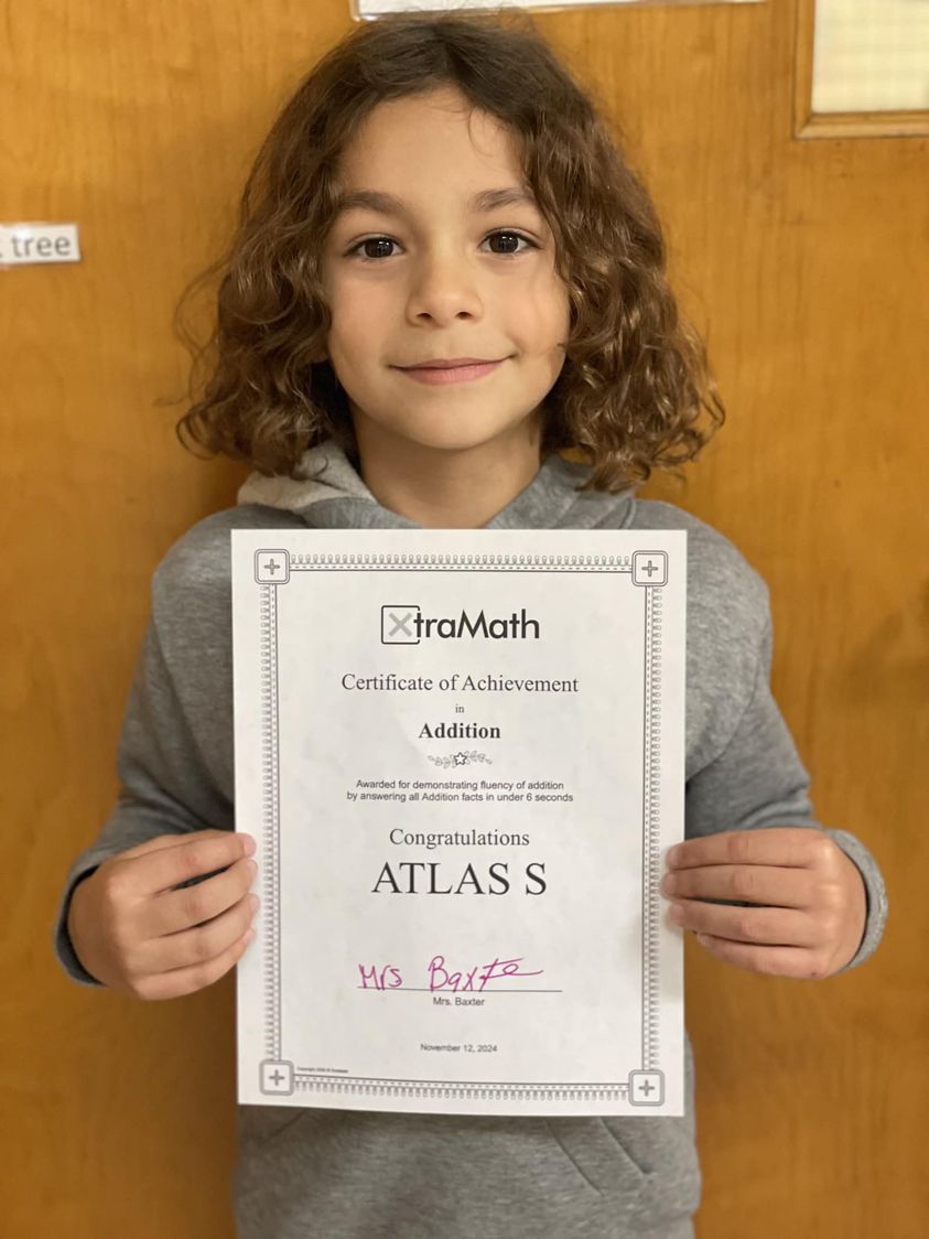 Atlas in Mrs. Baxter’s class mastered his addition facts in Xtra math.  #MAC185