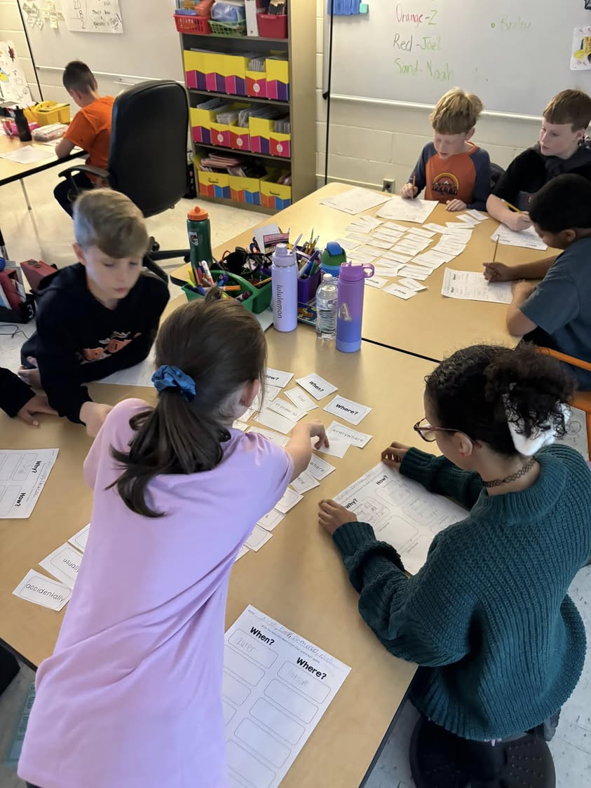 Mrs. Diallo’s class is hard at work sorting adverbs in the correct piles and building teamwork skills. #edison #learning…