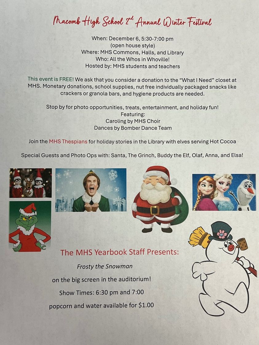The 2nd Annual Macomb High School Winter Festival is next Friday December, 6, 5:30-7:00 pm! See the flyer for details.🎄…