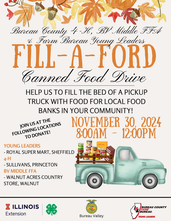 Support the Bureau County Farm Bureau Fill a Ford Food Drive on November 30, 2024