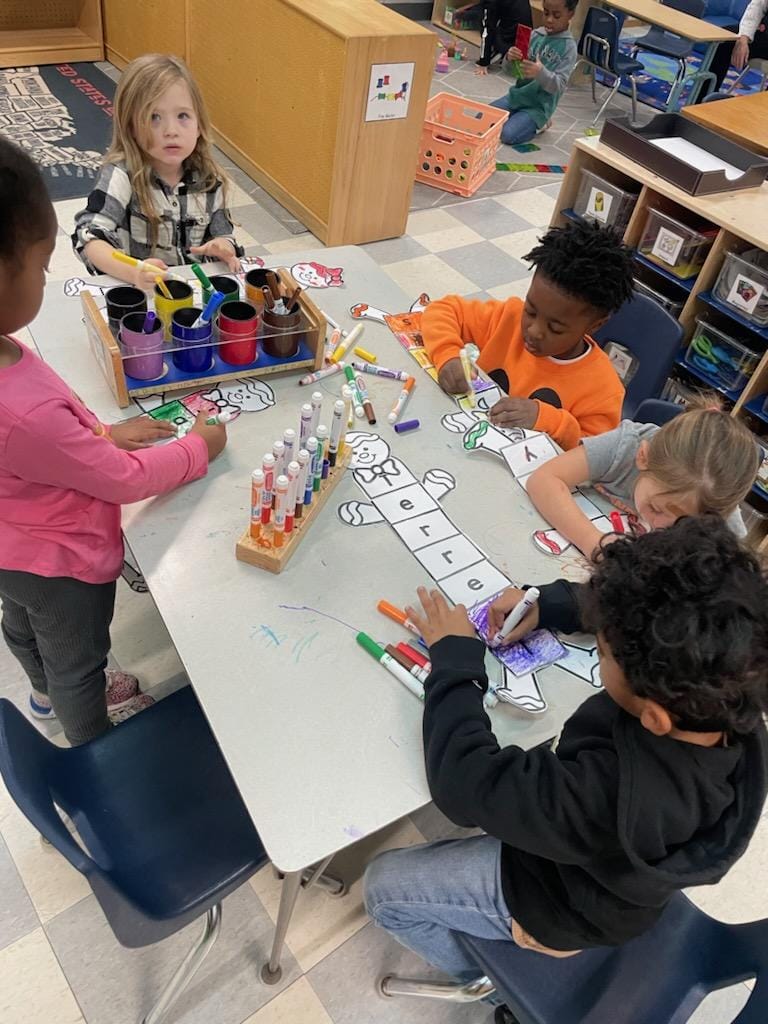 Miss Horrells afternoon preschool class loves coloring their gingerbread people! #mac185