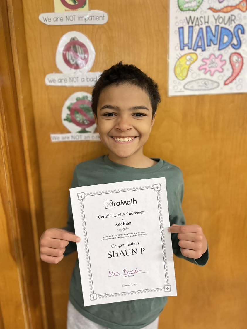 Shaun in Mrs. Baxter’s class mastered his addition facts in Xtra Math.  #MAC185
