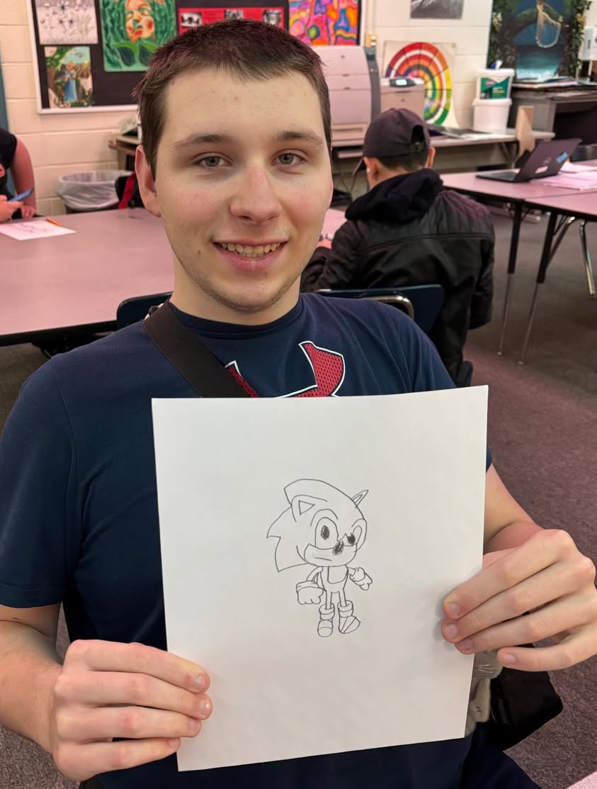 Simon drew a perfect Sonic the Hedgehog today in art. Way to go!