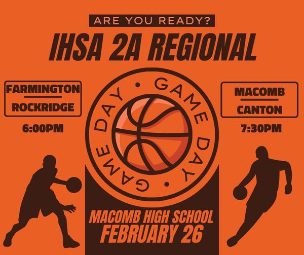 Macomb will be hosting the IHSA Regional games, Wednesday, February 26! Come out and watch two great games, including yo…