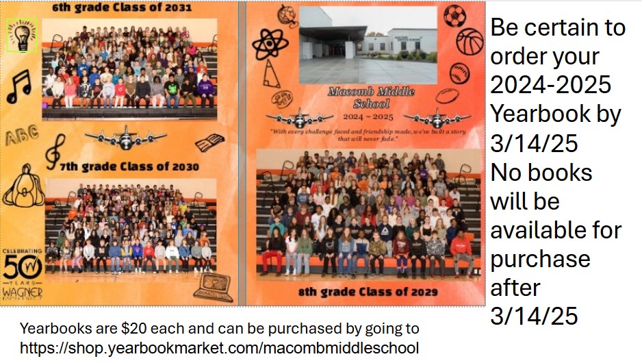 Order your MMS yearbook before its too late. Go to https://shop.yearbookmarket.com/macombmiddleschool to place your ord…