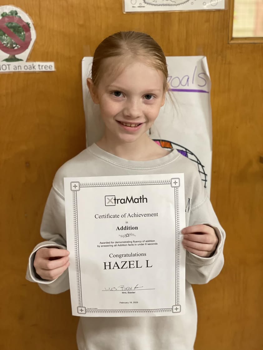 Hazel in Mrs. Baxter’s class mastered her addition facts in Xtra math.  #MAC185
