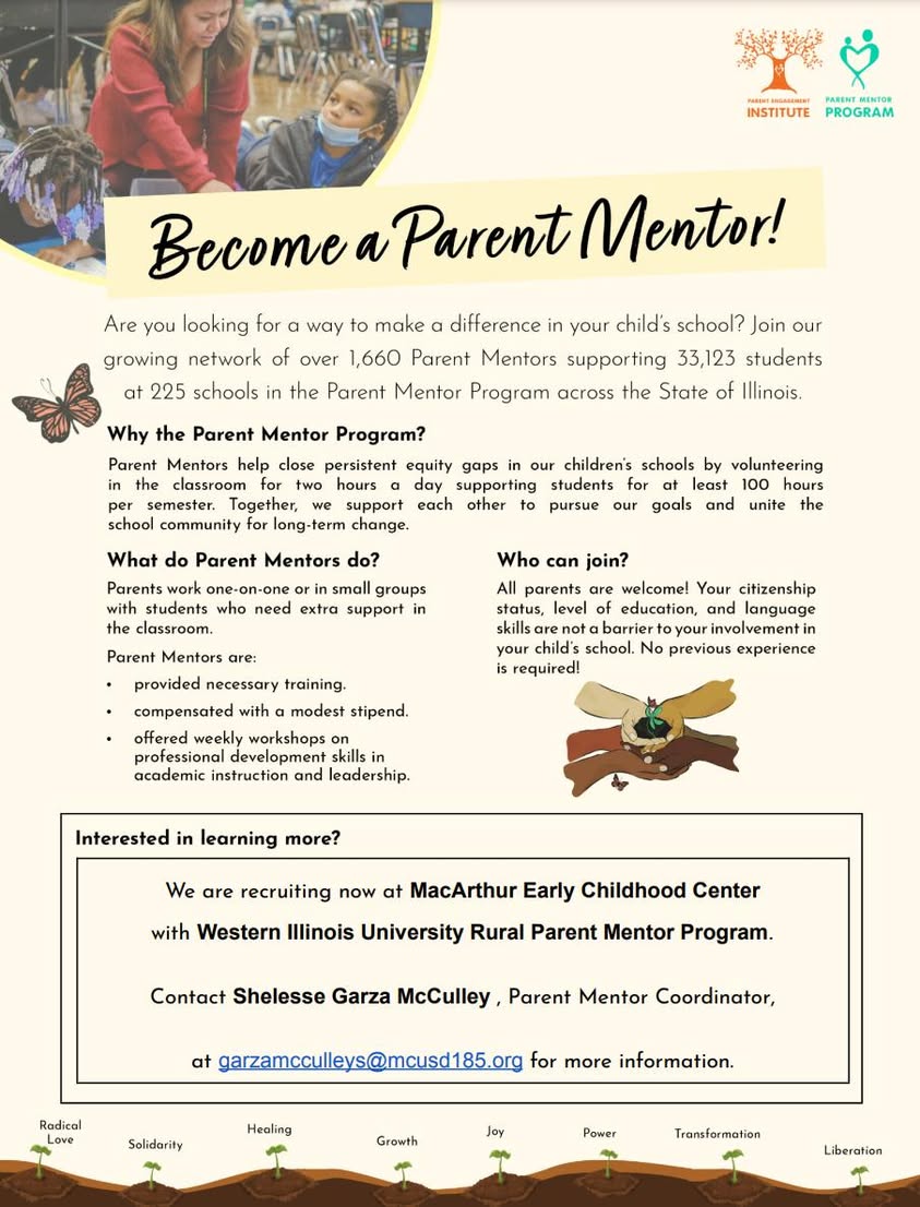 Learn how to become a Parent Mentor at MacArthur Early Childhood Center!