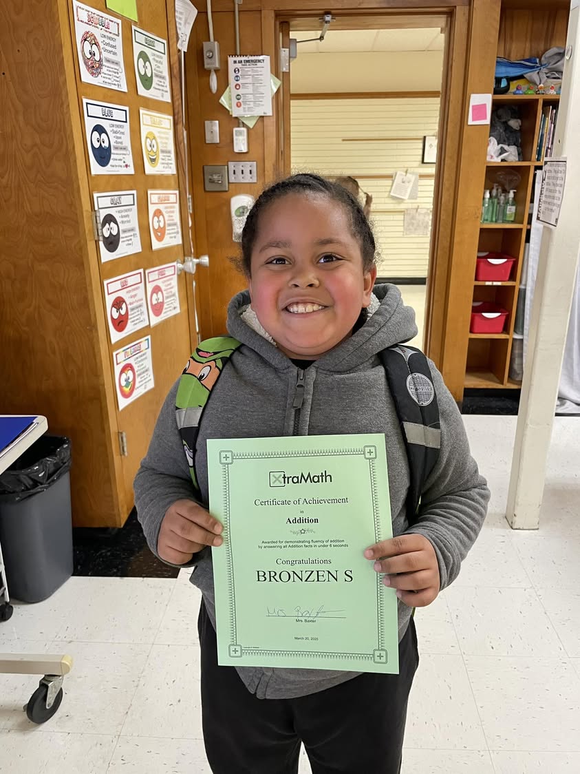 Bronzen in Mrs. Baxter’s class mastered his addition facts in Xtra math.  #MAC185
