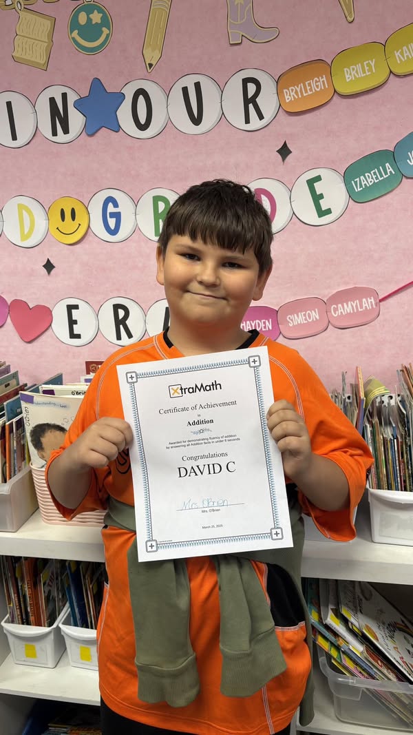 David in Mrs. O’Brien’s class mastered his addition facts in XtraMath. Way to go! #MAC185