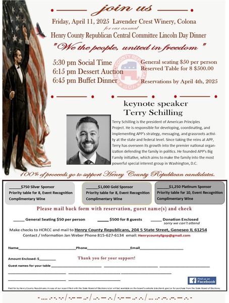Henry County Republicans Lincoln Day Dinner with Keynote Speaker Terry Schilling