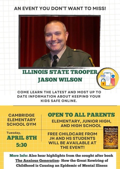 Illinois State Trooper Wilson to Present Online Safety Tips at Cambridge Elementary on April 8th