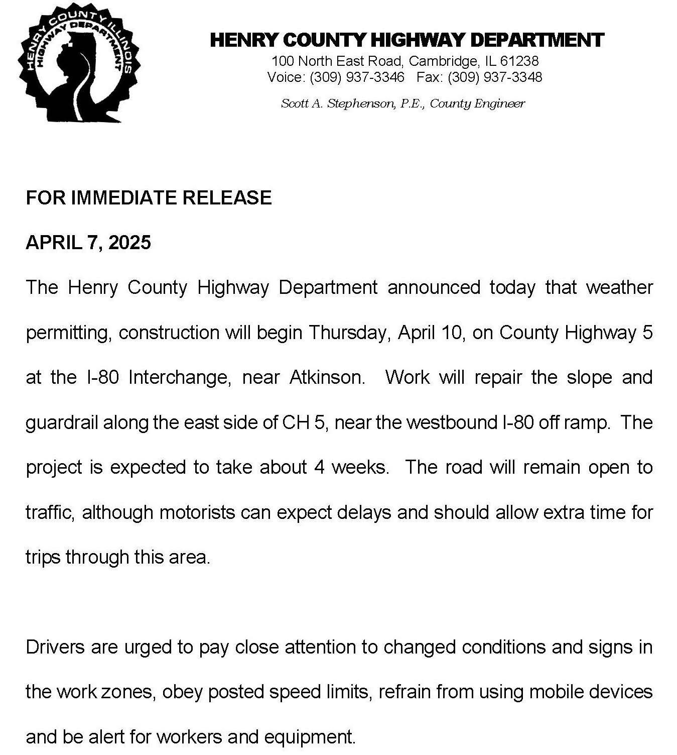 Henry County Highway 5 Construction at I-80 in Atkinson Begins April 10, 2025