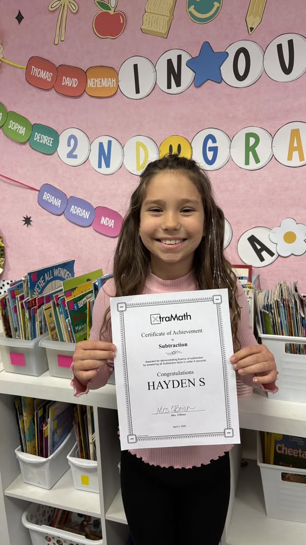 Congratulations to Hayden! She mastered subtraction facts under six seconds! #MAC185