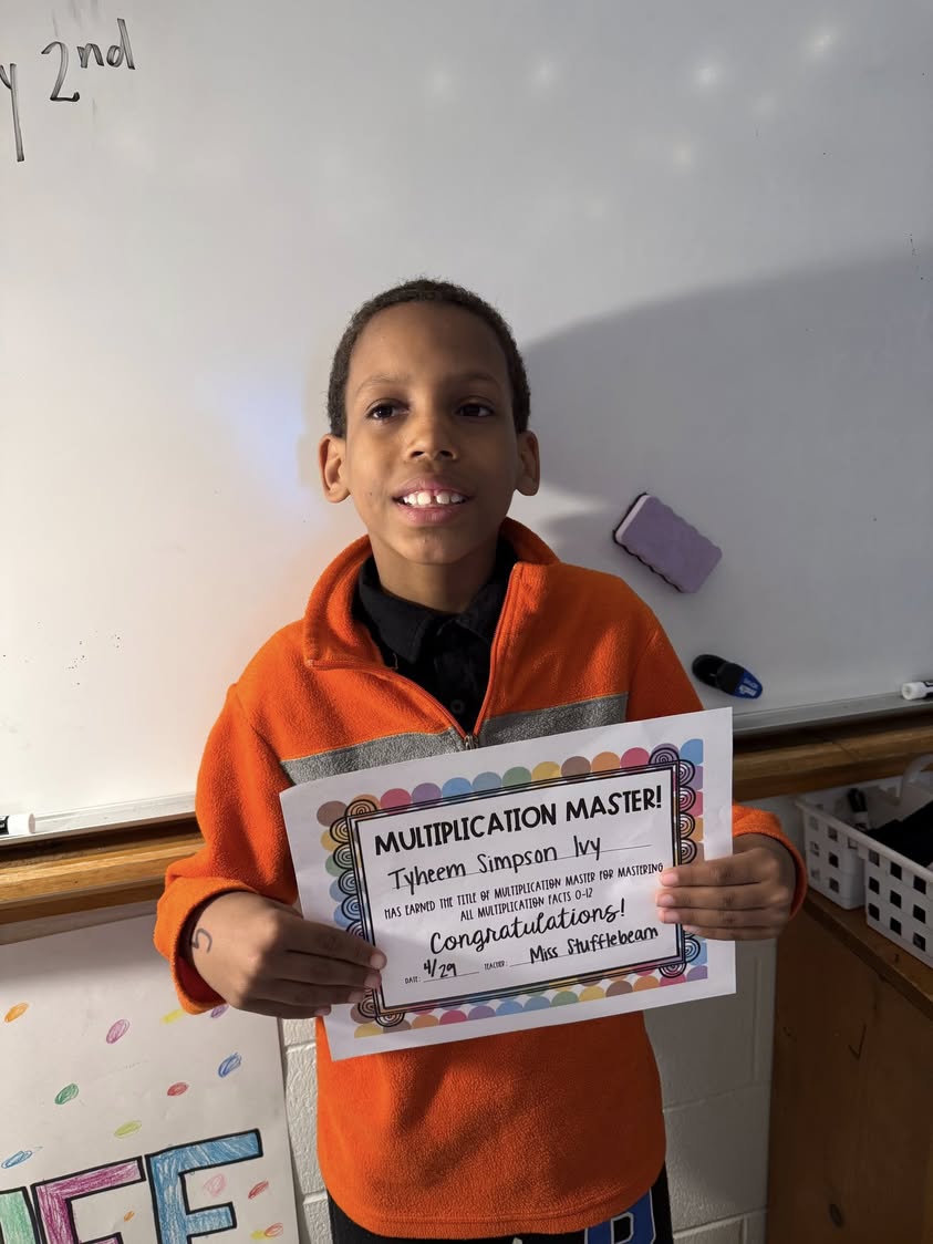 Students in Miss Stuffbeam’s class have passed their Multiplication facts!! Tyheem Simpson Ivy, Logan Kimbrough, and Jak…