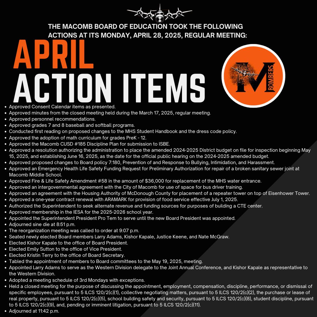 The Board of Education took the following actions at its Monday, April 28, 2025, regular meeting: