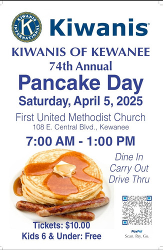 Kiwanis Club Hosts 74th Annual Pancake Day in Kewanee on April 5, 2025
