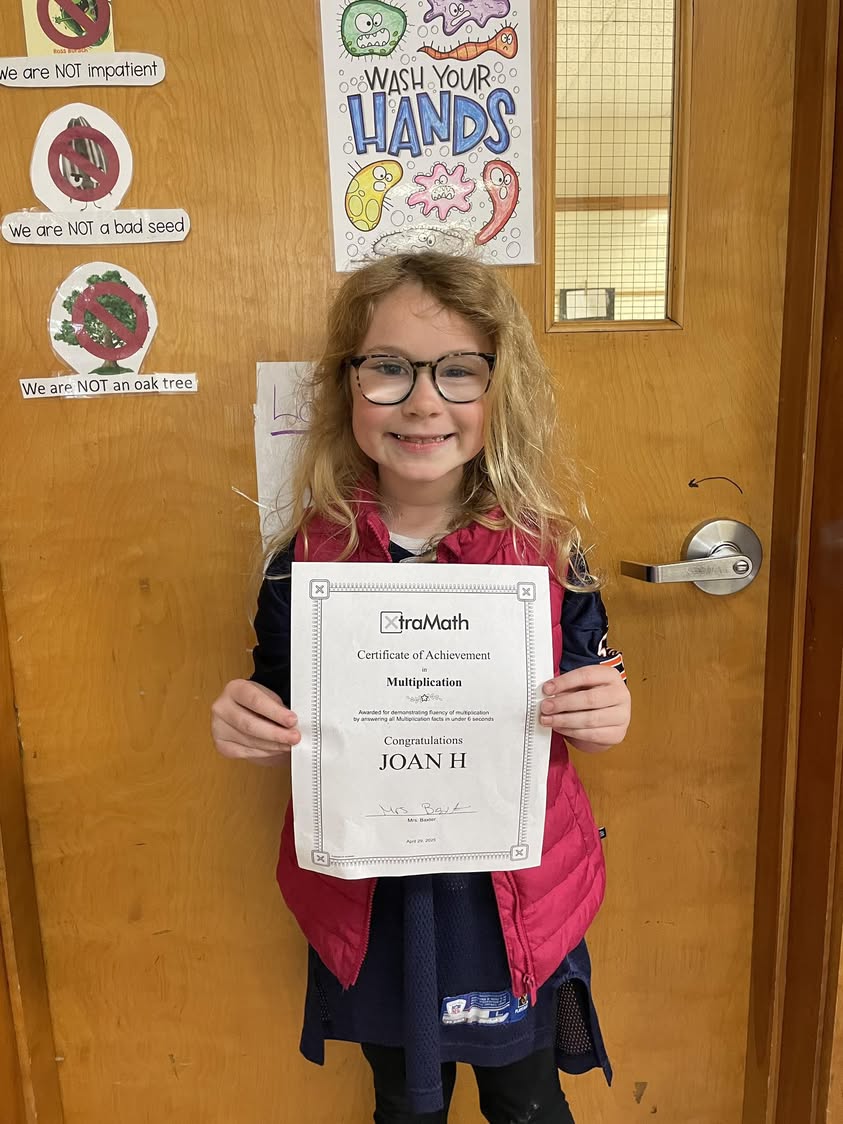 Joan in Mrs. Baxter’s class mastered her multiplication facts in Xtra math.  #MAC185