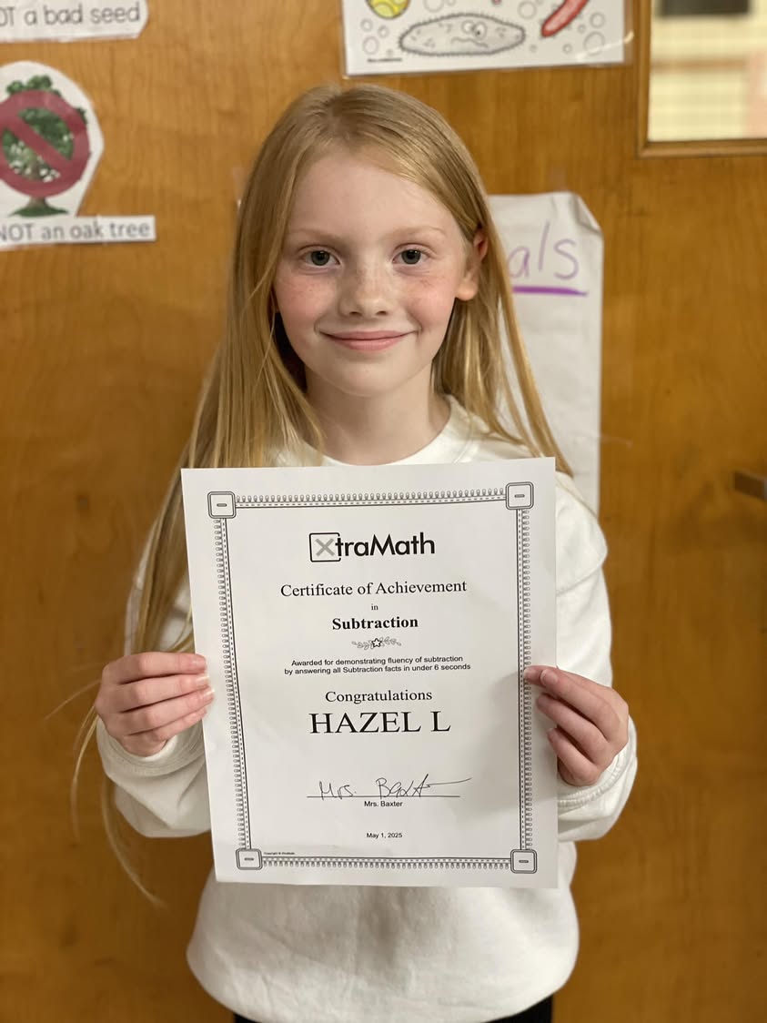 Hazel in Mrs. Baxter’s class mastered her subtraction facts in Xtra math.  #MAC185