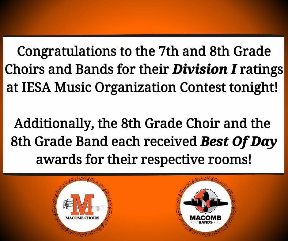 Congratulations to all 7th and 8th Grade Choir and Band students! #MAC185