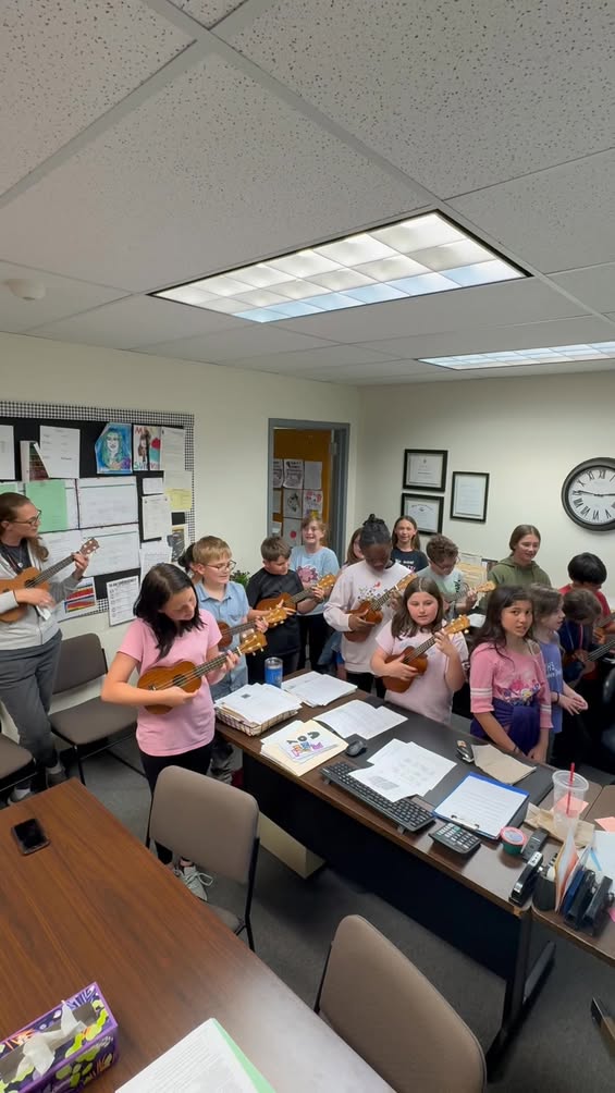 Mrs. Cooley our music teacher and 5th grade students played, and sang the Edison school song at the end of the day today…