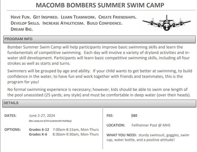 Information on the upcoming Macomb Bombers Summer Swim Camp!