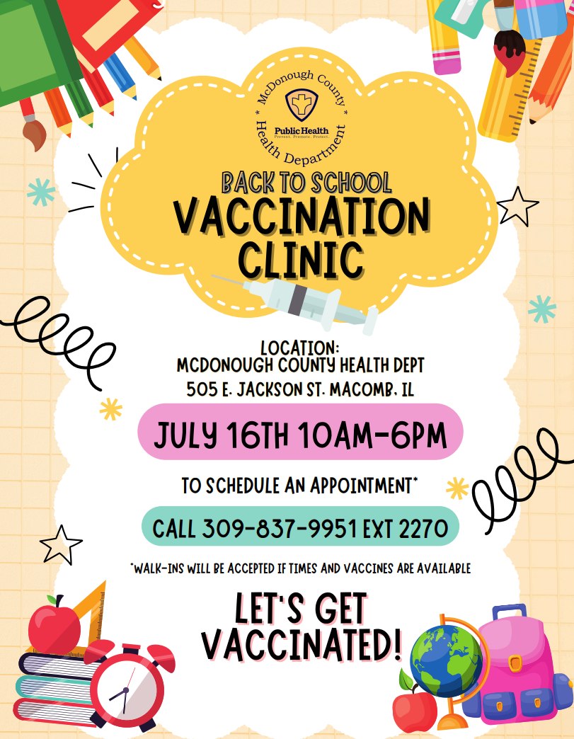 Mark your calendars for the vaccination clinic at the McDonough County Health Department on July 16! ALSO, dont delay…