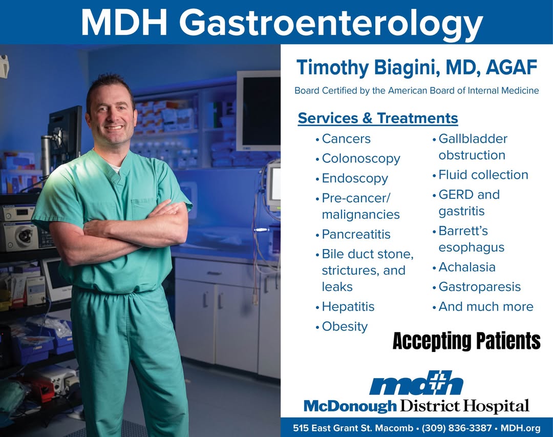Dr. Tim Biagini with MDH Gastroenterology is accepting patients, call (309) 836-3387 to schedule an appointment!