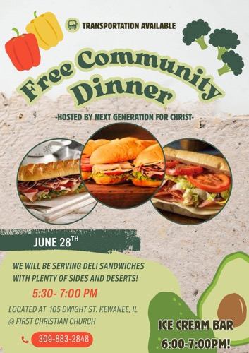 Free Community Dinner at First Christian Church in Kewanee June 28, 2025