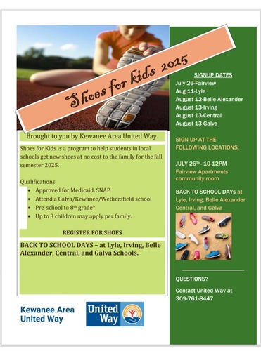 Register for the Kewanee Area United Way Shoes for Kids Tonight at Central, Irving, and Galva Schools