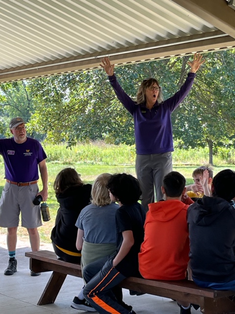 “Mrs. Hornfield” greeting our MMS 8th grade students today at WIU Horn Field.   #mac185