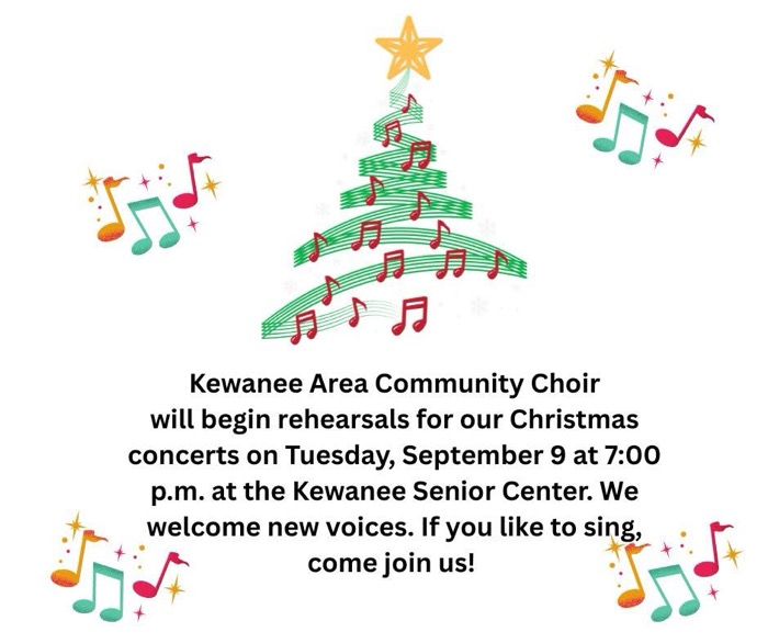 Rehearsals for the Kewanee Community Choir Christmas Concert Series Begin September 9, 2025
