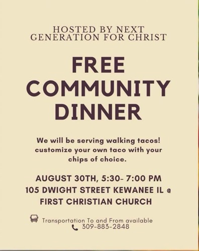 Free Community Dinner Hosted by Next Generation For Christ on August 30, 2025