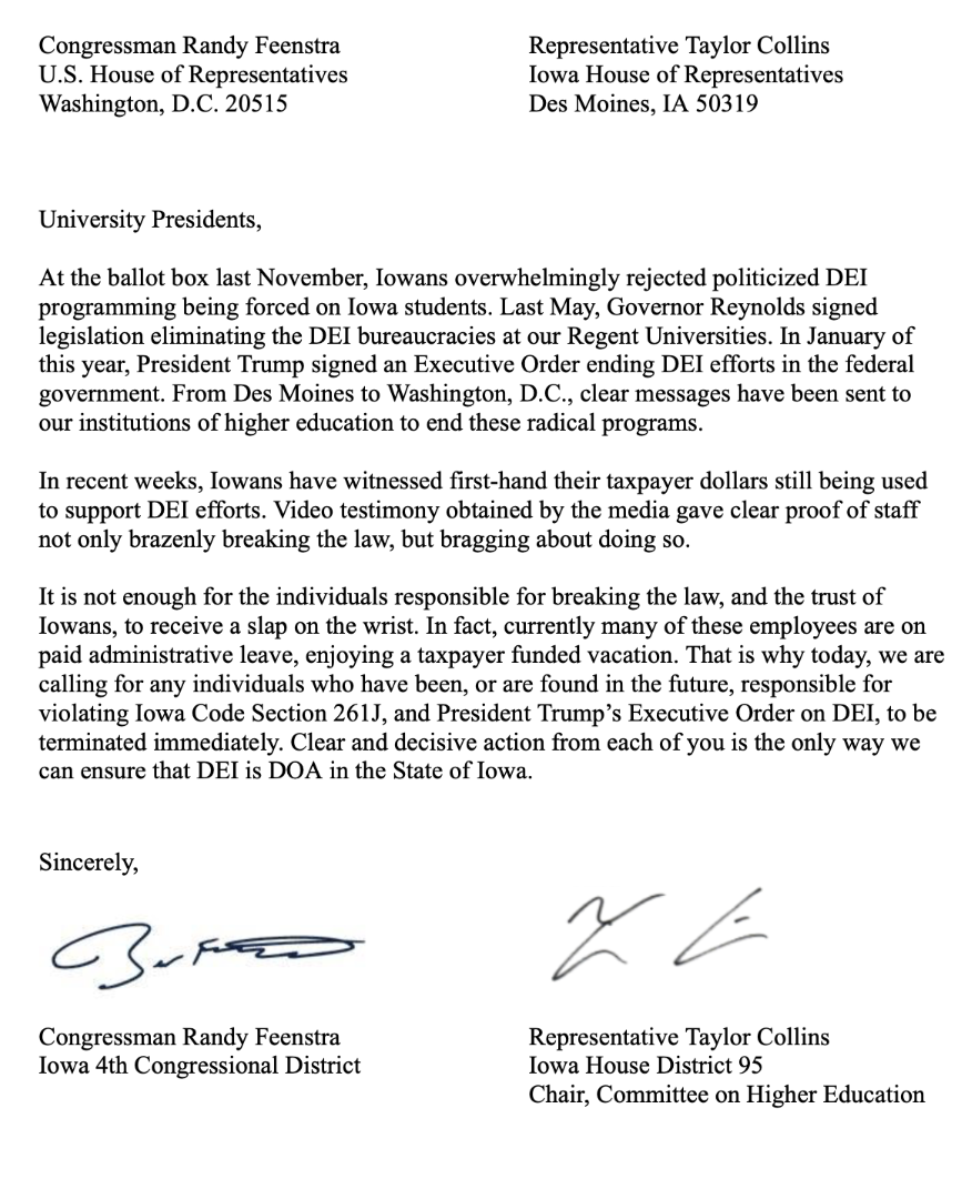 Is DEI Really DOA in Iowa?: University Employees in Violation of Anti-DEI Laws Should Be Fired, Two Lawmakers Say