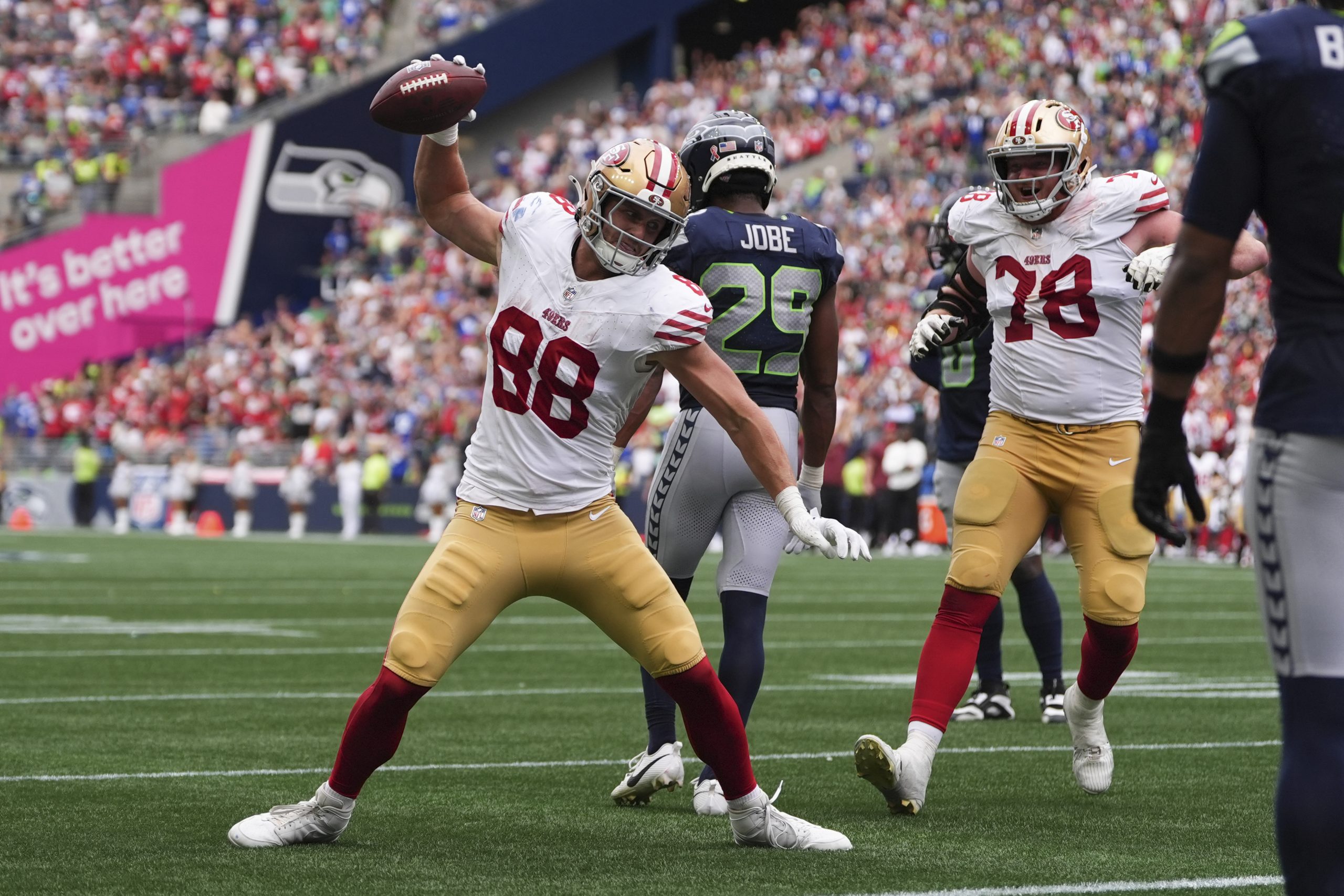 Third-stringer Jake Tonges’ late TD catch gives the 49ers a 17-13 win over the Seahawks
