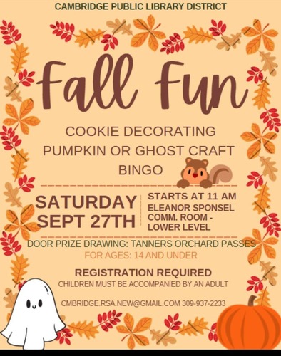 Cambridge Library Hosts Fall Fun Day for Kids with Crafts Bingo and Prizes on September 27, 2025