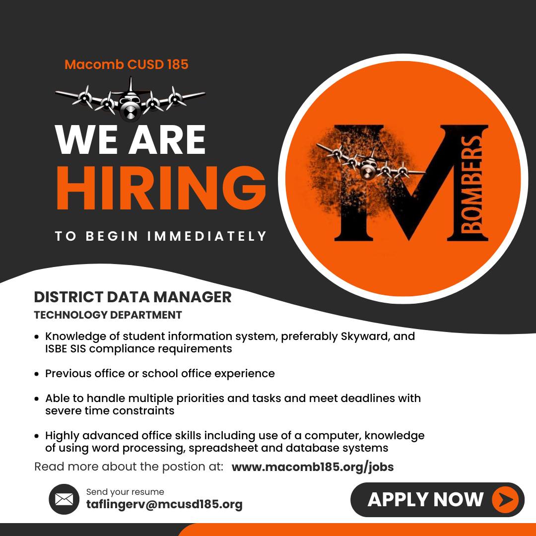 NEW Employment Posting:  District Data Manager, to begin immediately. Read more about the position at: https://macomb185…