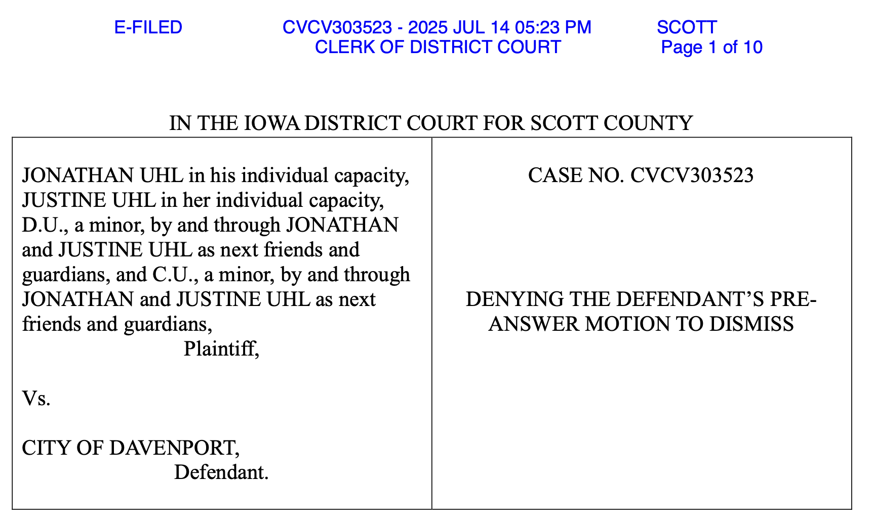 City of Davenport’s Motion to Dismiss Jon Uhl’s Petition Denied