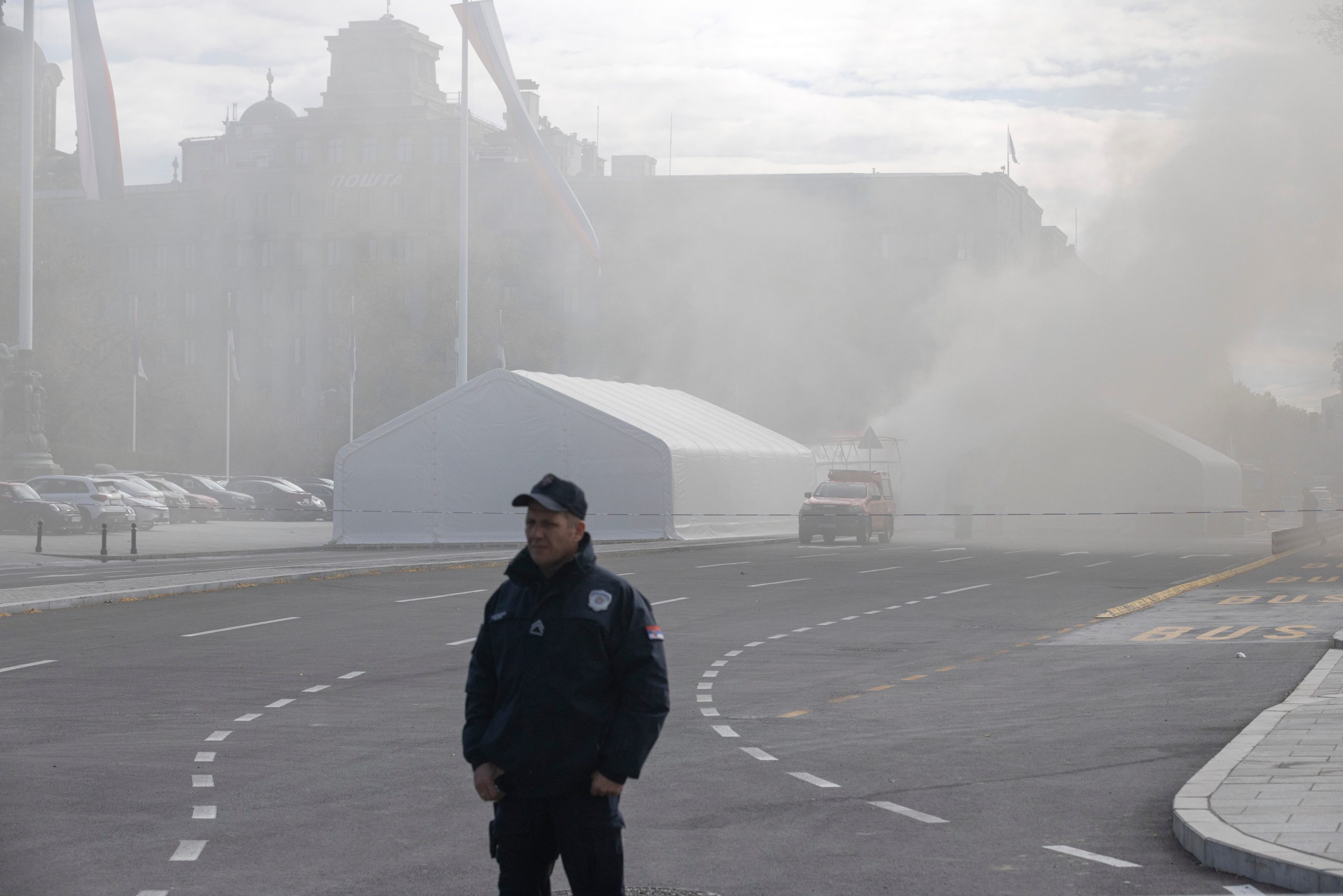 Fire and shooting at a camp in Belgrade hosting the president’s loyalists injures 1