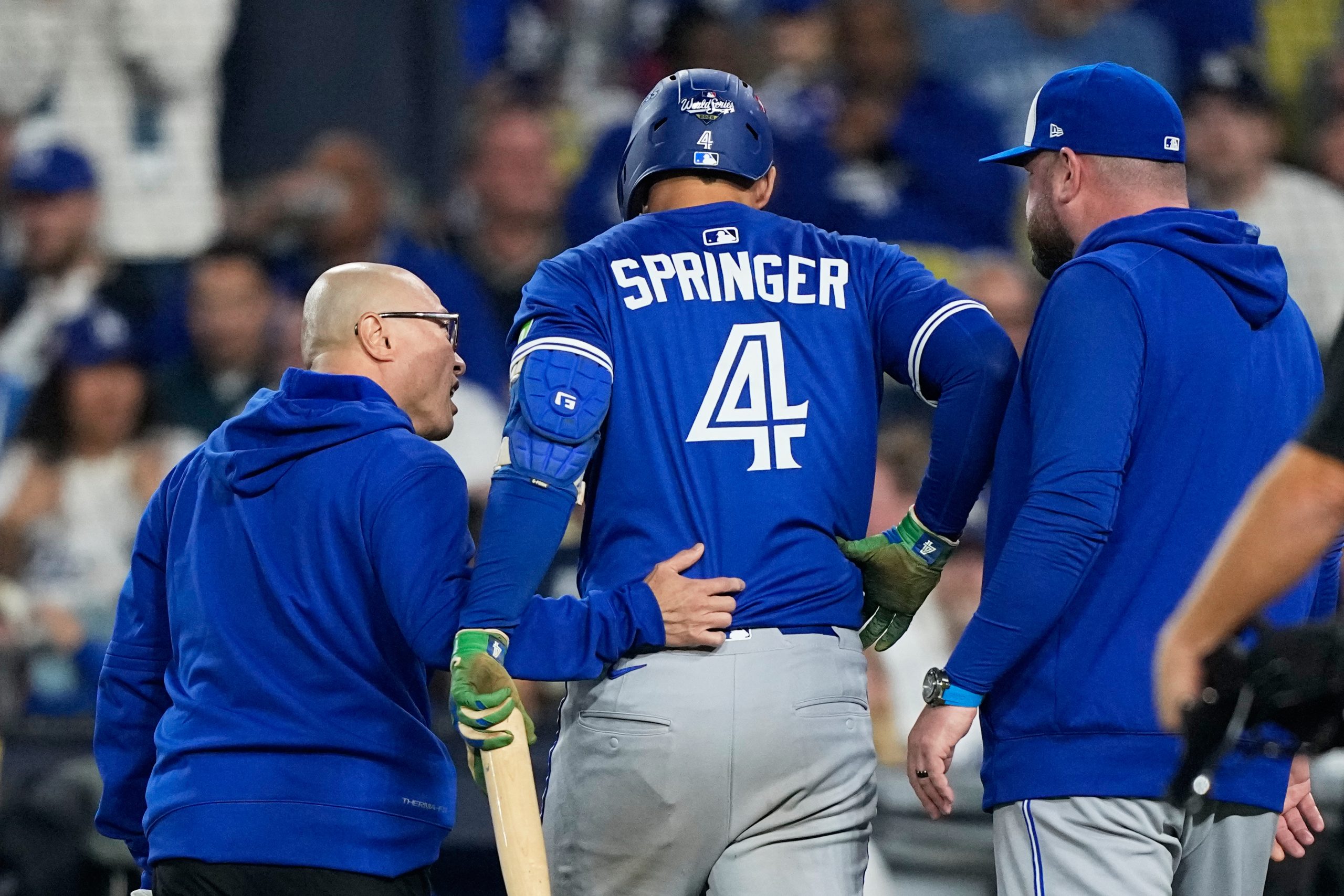 Blue Jays’ George Springer leaves Game 3 of World Series after injuring himself on a swing