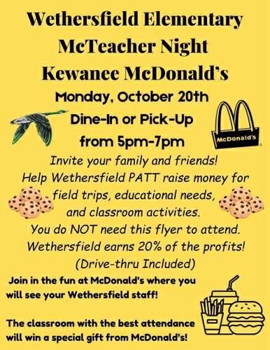 Wethersfield PATT Hosts McTeacher Night Fundraiser at Kewanee McDonalds on October 20, 2025