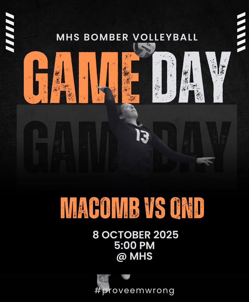 🖤Come out and cheer on the volleyball team!!! 🖤 Good luck, BOMBERS!!!LET’S BLACK OUT THE GYM!!!!!! The Bombers (12-8)…