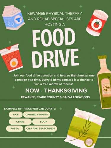 Kewanee Physical Therapy Hosts Holiday Food Drive with Fitness Prize Incentive through Thanksgiving