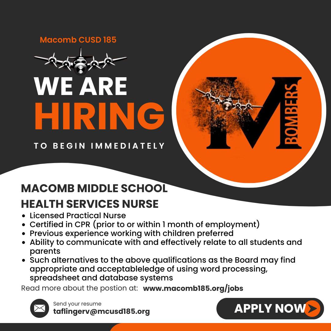 NEW Employment Posting:  Macomb Middle School Health Services Nurse, to begin immediately. Read more about the position…