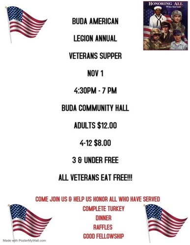 Buda American Legion Hosts Annual Veterans Supper with Turkey Dinner and Raffles on November 1, 2025