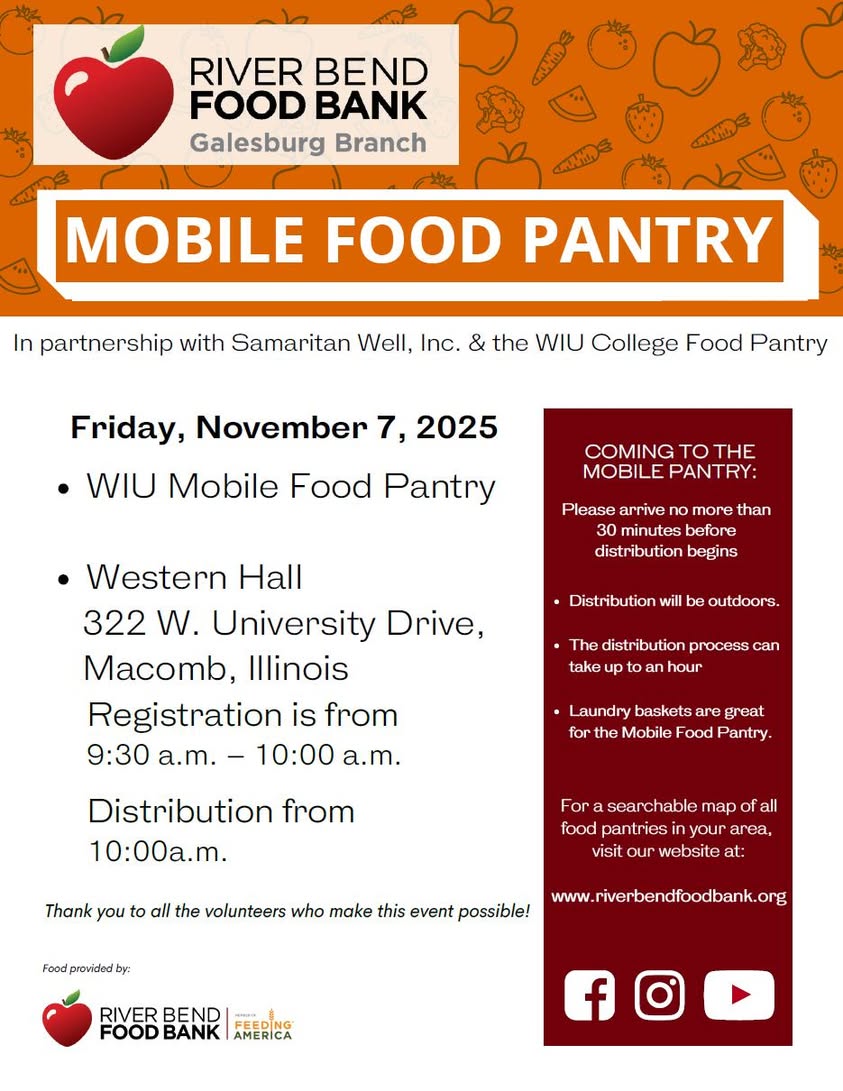 Check out this Mobile Food Pantry event at WIU on Friday, November 7, 2025, at Western Hall. Registration 9:30-10:00 AM,…