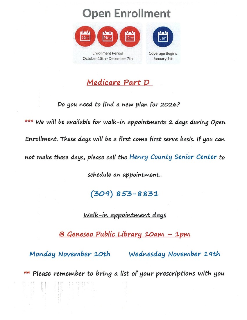 Medicare Part D Enrollment Help Available at Geneseo Public Library November 10 and 19, 2025
