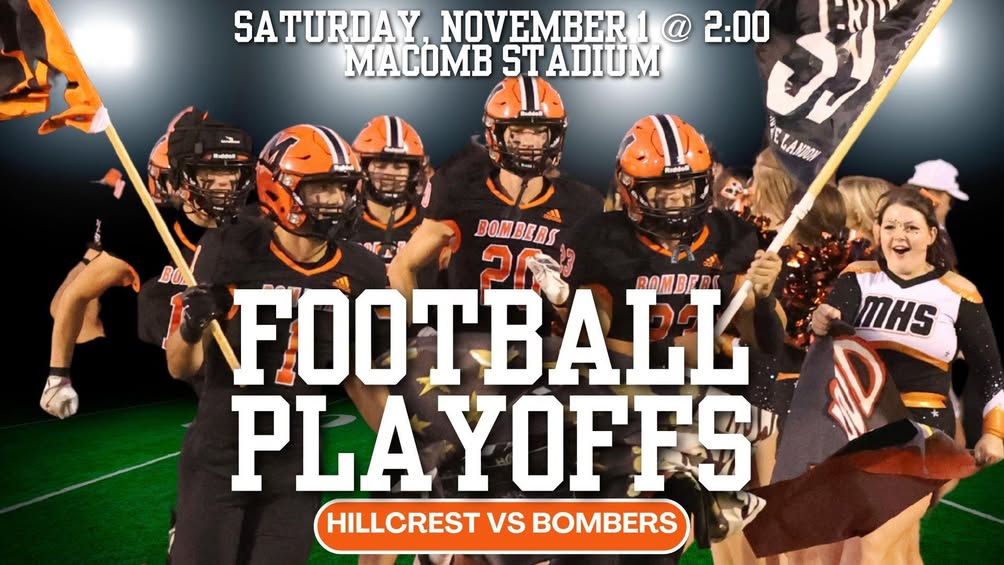 Game day in Macomb! 🏈 The Bombers face Hillcrest today at 2:00  Come pack the stands and cheet loud! Go Bombers!