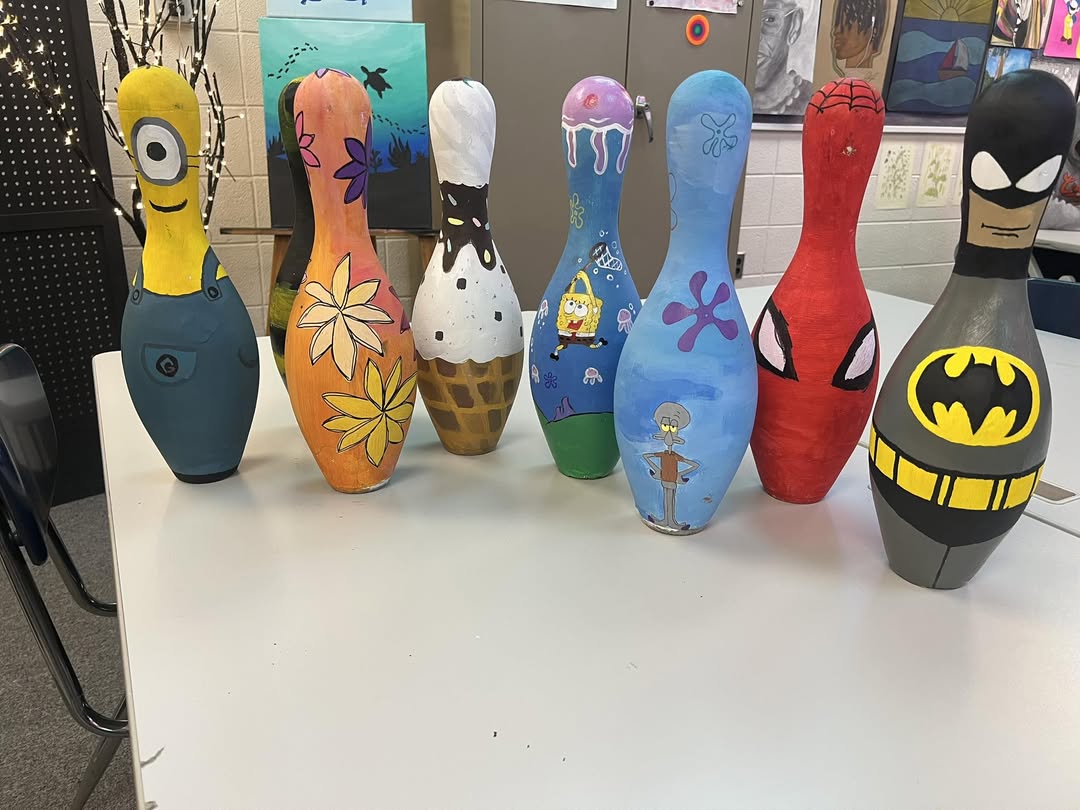 MHS Art students have painted pins to be auctioned off at the Big Brother Big Sister Bowl a thon this weekend! #OnceABom…